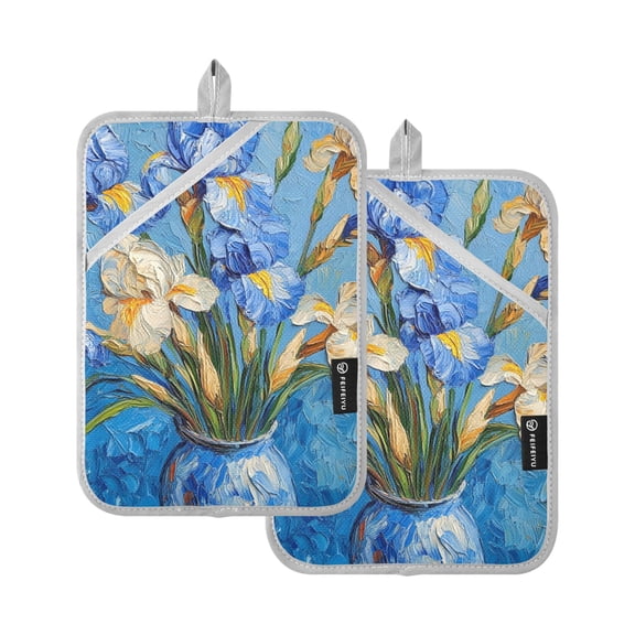 Blue Flowers in Pots Oven Mitts Pot Holders 2 pcs Heat Resistant for Kitchen Baking Grilling