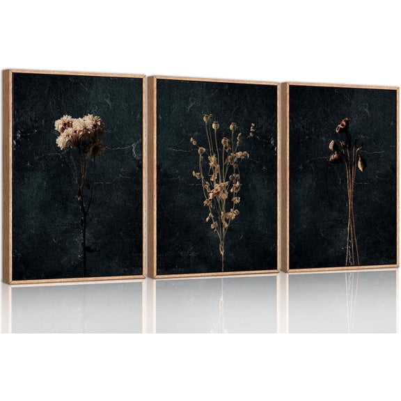 Moody Dark Orange Floral Framed Canvas Wall Art Set, Minimalist Wildflower Wall Decor, Black Flower Botanical Wall Painting, Modern Art Print for Living Room, Bedroom, Office 16"x24"x3