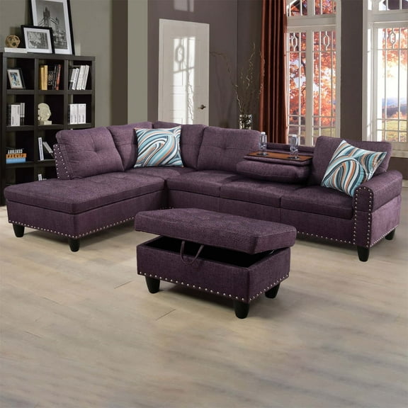 PonLiving Sectional Sofa, Living Room Couch with Storage Ottoman, Cup Holder, Left Facing Chaise, Purple
