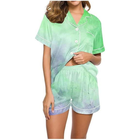 Tnhcen Women's 2 Piece Print Pajamas Set Button Short Sleeve Top Shorts Sleepwear Home Clothes Set S-2XL