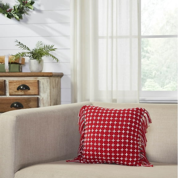 VHC Brands Gallen Red White Pillow Fringed 12x12