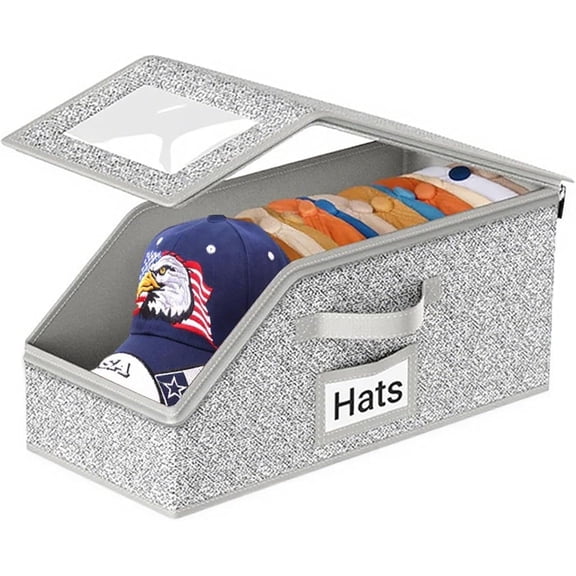 Hat Organizer for Baseball Caps,Holds up to 12 Caps Hat Organizer for Closet, Sturdy Stackable Storage for Men with Clear Lid, Flip-Top Access, Space-Saving Hat Box for Closet, Breathable Fabric