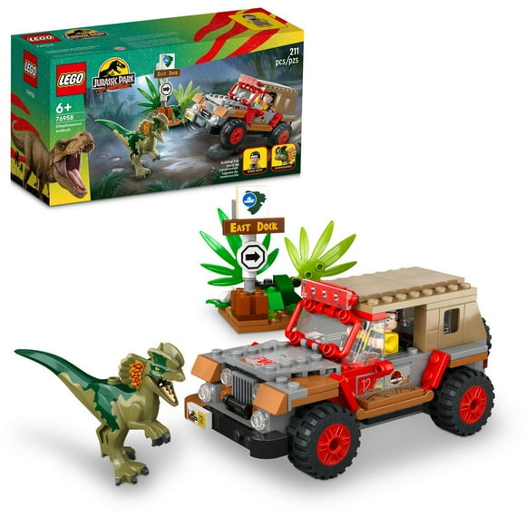 LEGO Jurassic Park Dilophosaurus Ambush 76958 Buildable Toy Set for Jurassic Park 30th Anniversary, Dino Toy for Christmas with Dinosaur Figure and Jeep Car Toy, Gift Idea for Ages 6 and up