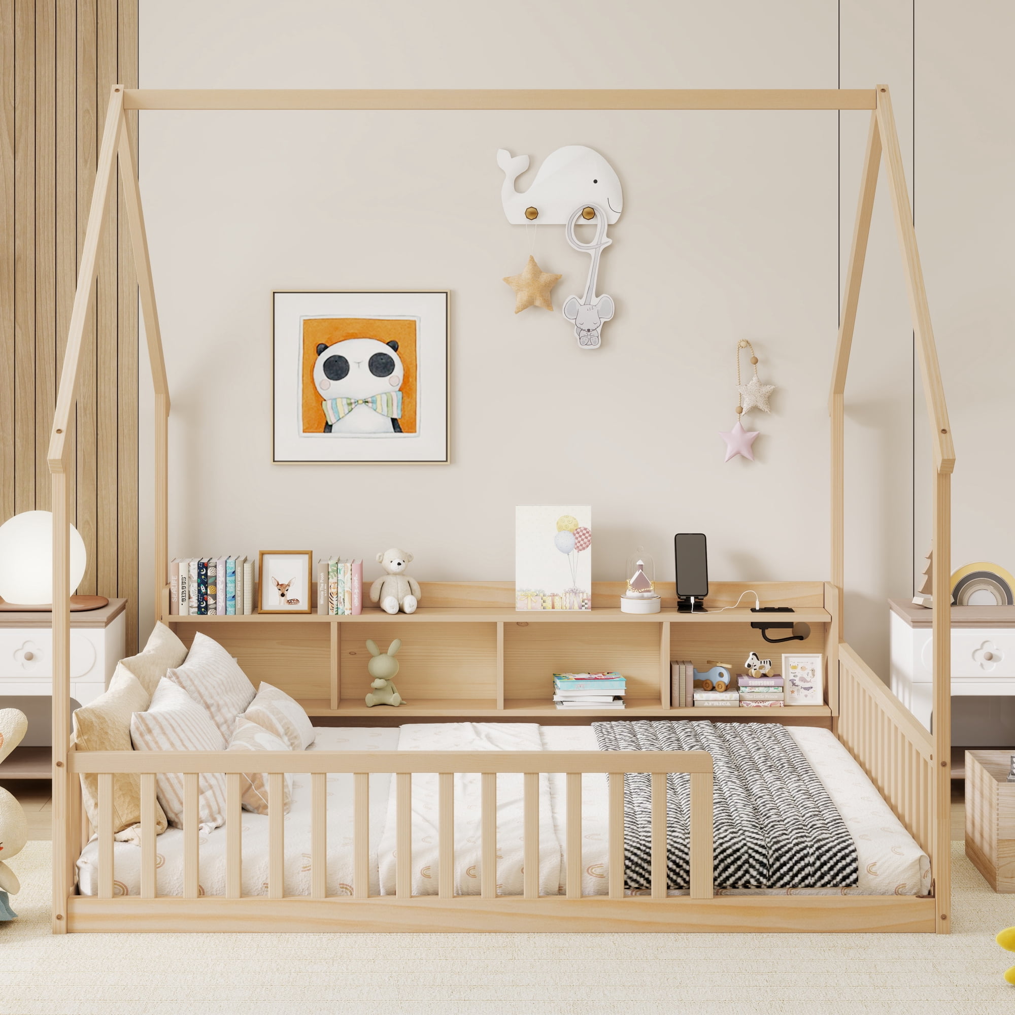Leumius Full Size House Floor Bed with Storage Shelves,Built-in LED Lights & Charging Station,Pine Wood Floor Bed Frame with Safety Guardrails for Kids Bedroom Natural