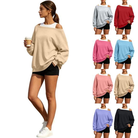 Tqcoqu Women's Off Shoulder Long Sleeve Sweatshirt, Oversized Drop Shoulder Loose Casual Pullover Tops for Fall