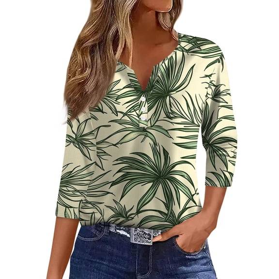 WTOBBY Women's Casual V-Neck Button Down Tee with 3/4 Sleeve, Daily Weekend Fashion Basic Tunic Top, Floral Print Henley Collar Regular Fit Shirt,Army Green L