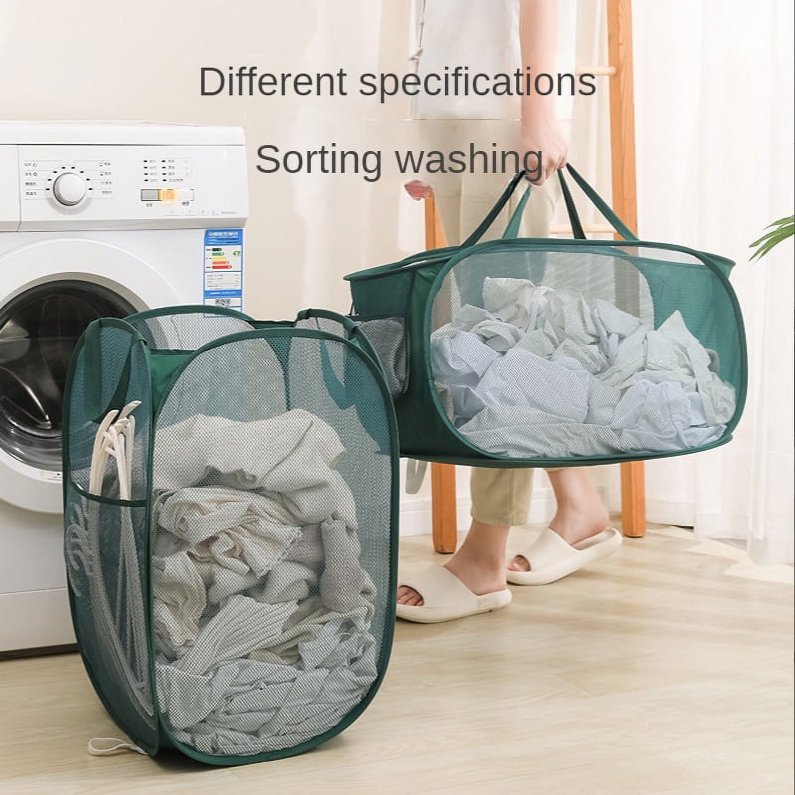 EBAIJQUO 77L Pop-Up Laundry Hamper (Dark Green)+Laundry Bag, Foldable Laundry Baskets, Collapsible Mesh Hamper for Laundry (Dark Green)
