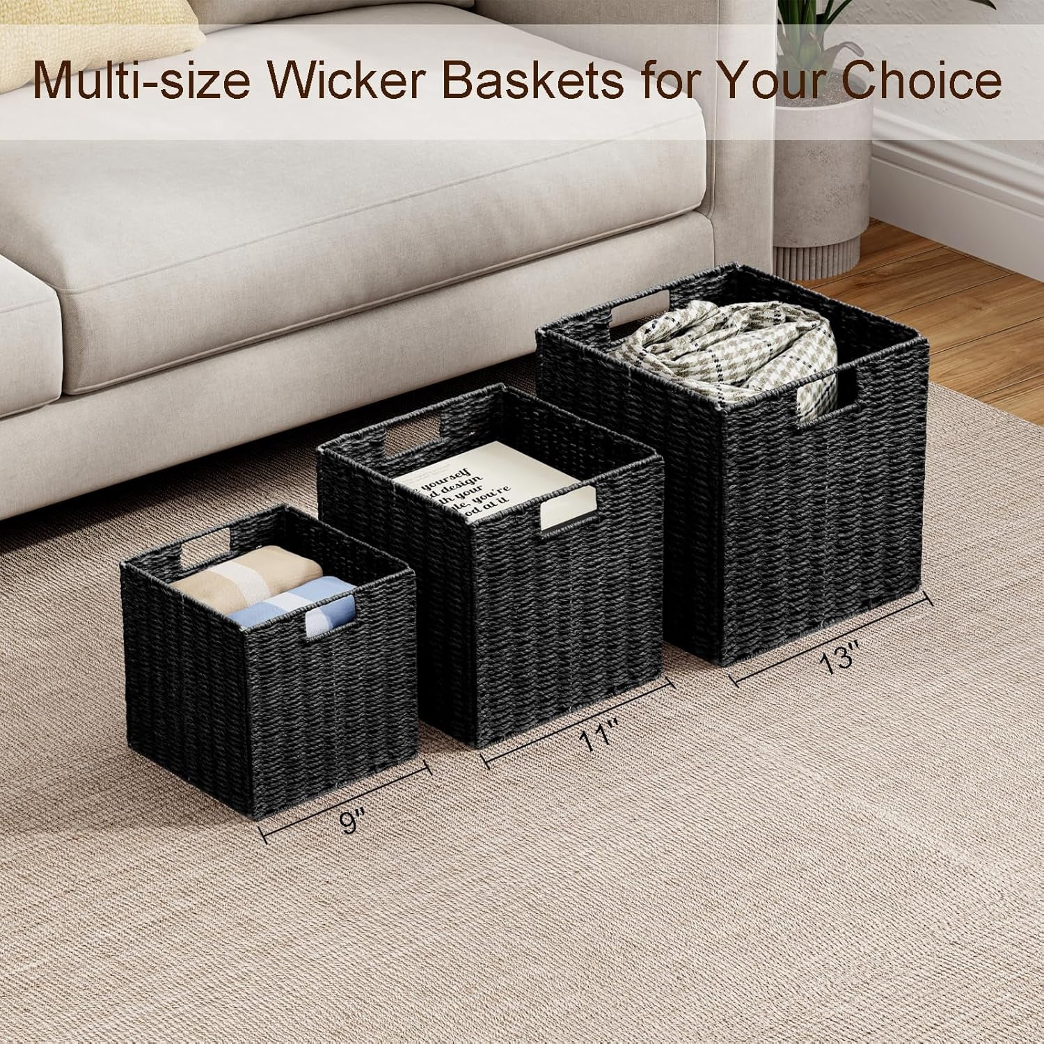 Storage Basket, Set of 2 Hand-Woven Storage Baskets for Organizing with Handles, Foldable Cube Storage Baskets Bins Organizer, 13 inch Large Wicker Baskets for Shelves & Decor, Black