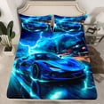 thumbnail image 2 of Drap de Lit Voiture de Course Bleue Format Double, Ensemble de Draps de Compétition Mode Voiture de Sport Extrême, Ensemble de Literie Psychédélique 3D Ciel Éclair Bâtiment Moderne Route avec Drap Plat, Drap-Housse, 2 Taies d'Oreiller, 2 of 6