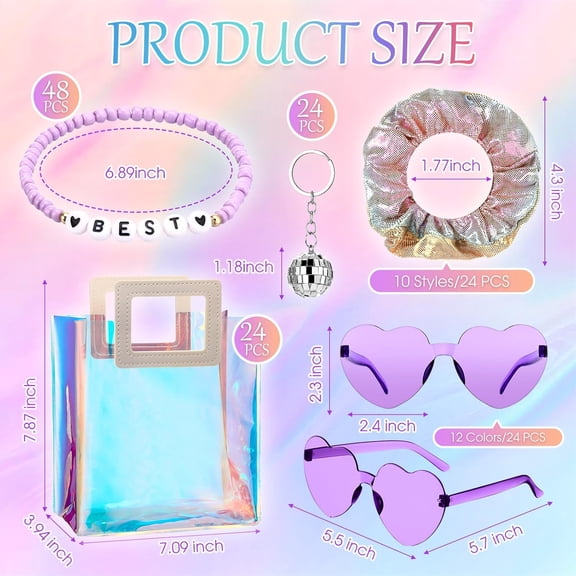144 Pcs/24 Set Kpop Party Favors Friendship Gifts Bead Bracelets Disco Ball Keychains Heart Sunglasses Scrunchies Bags for Party Supplies Birthday Decorations (Multicolor)