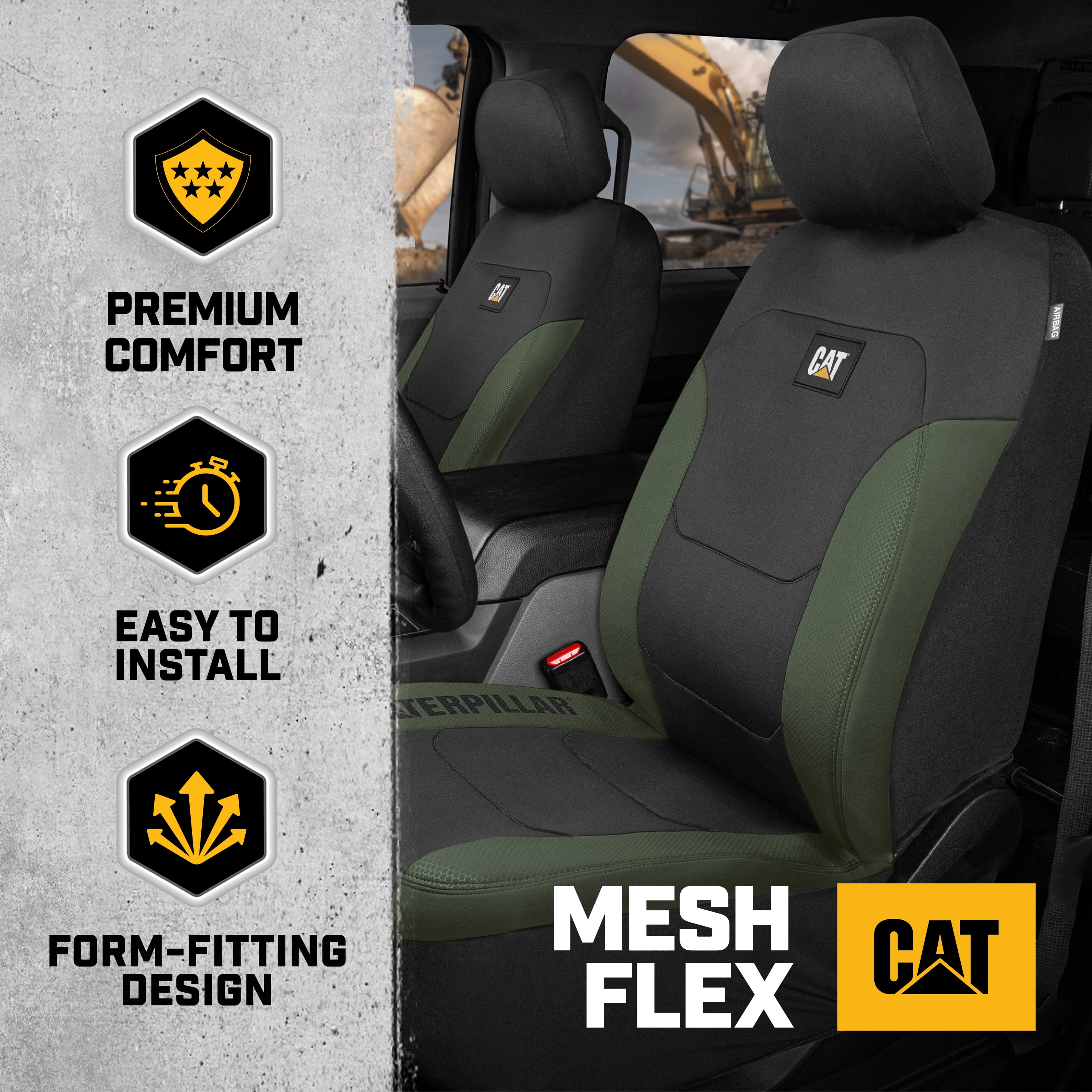 CAT FlexFit Green Black Seat Covers for Cars, Trucks, & SUV - (2) Front Car Seat Cover Front Seat Protectors - Airbag Compatible Seat Covers for SUV Interior Covers & Truck Seat Cover Car Accessories