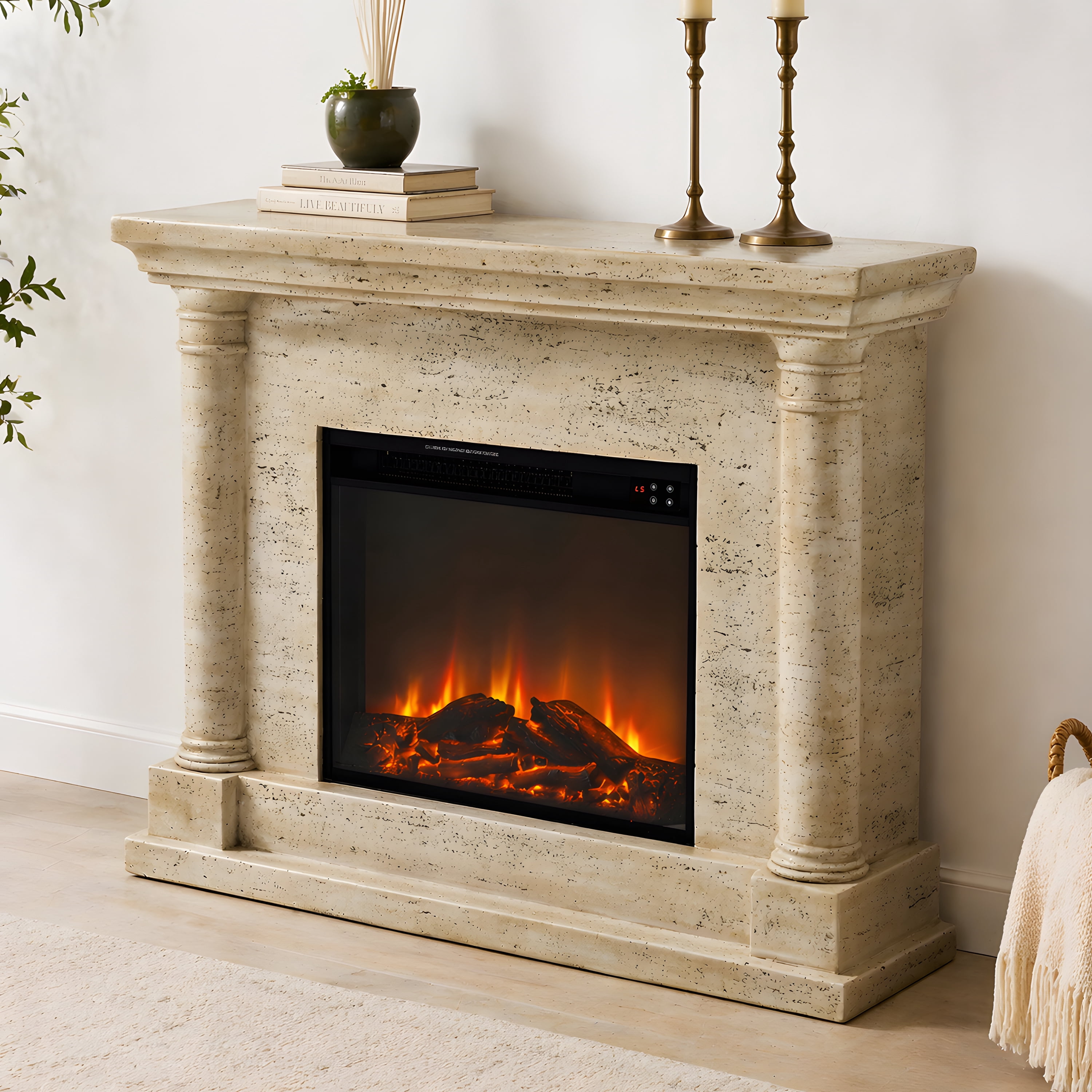 Eco-Friendly MGO Fireplace with 23" Firebox, Adjustable Temperature, Sleek Design, No Installation Required，Sahara Oak Travertine