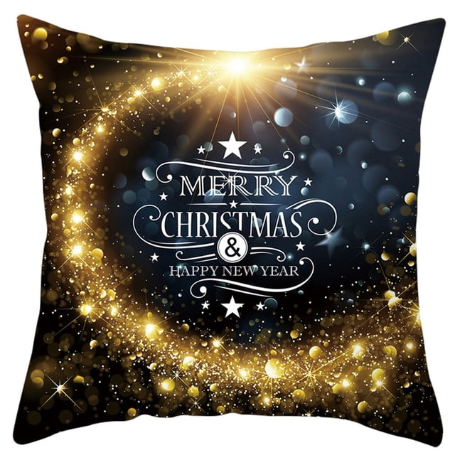 xihbxyly funda de almohada navideña, 45,7 x 45,7 cm; vista frontal centrada de cojín cuadrado multicolor en tela de poliéster suave con tipografía blanca 'Merry Christmas & Happy New Year' y anillo de destellos y estrellas doradas sobre fondo oscuro, para decoración festiva de sofá y cama, lavable a máquina; también suele utilizarse como cojín decorativo estacional en salas pequeñas.