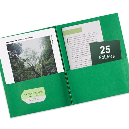 Two Pocket Folders with 3 Prong Fasteners, 25 Green Folders (47977)