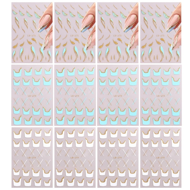 12 hojas de pegatinas para decoración de uñas con línea brillante francesa, pegatinas para uñas con rayas onduladas y curvas de Metal dorado