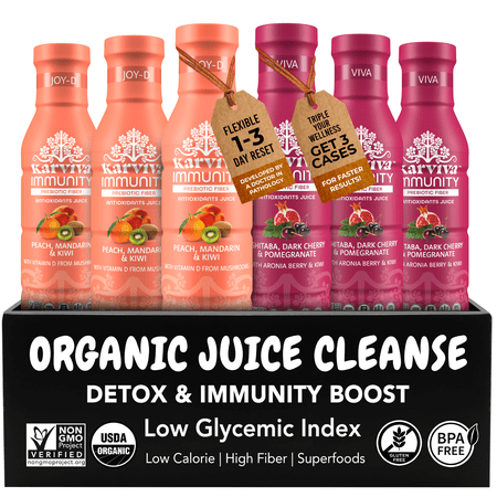 Karviva Organic Prebiotic & Antioxidant Juice, 3 Day Detox, Vitamin C &D, Low-Sugar, Low-Carb, High-Fiber, 6-Pack, 12 fl oz per bottle