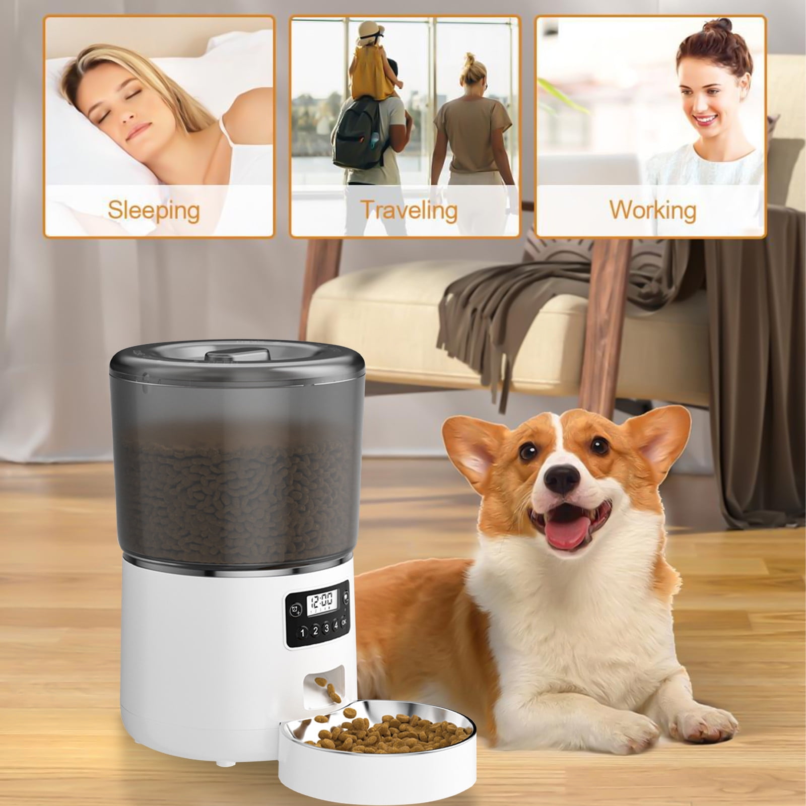 Automatic Pet Feeder, Cat Feeder Flexible Schedule Timer, Auto Feeder Dry Food Dispenser, Timed Feeder with 1-4 Meals per Day, 4L Capacity, Dual Power Supply