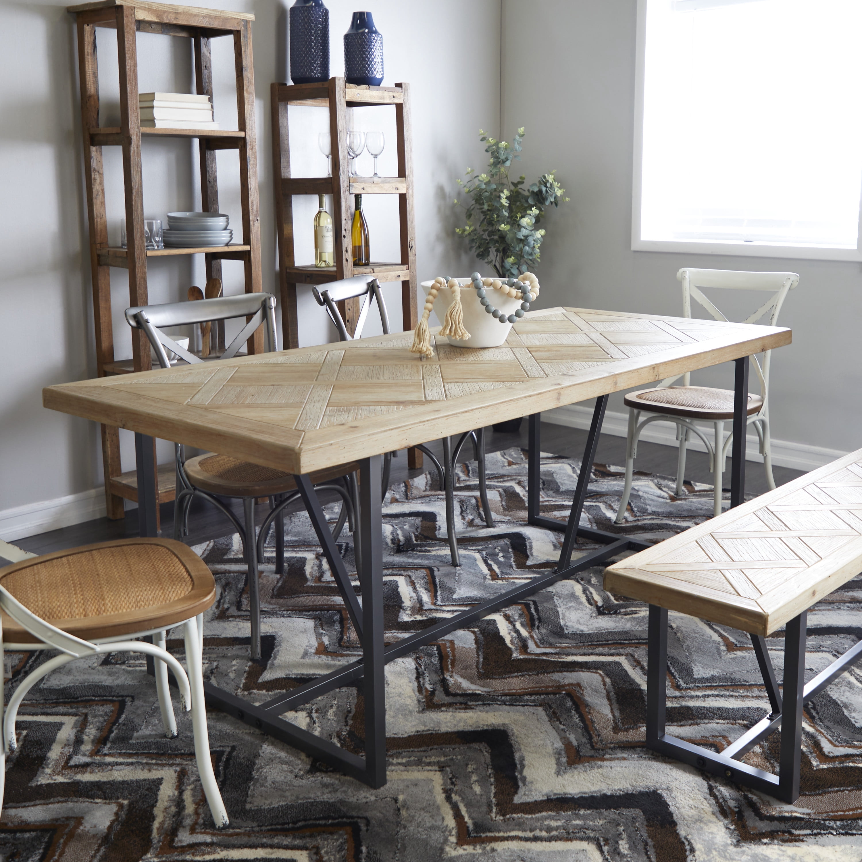 DecMode 76" x 30" Brown Wood Geometric Carved Dining Table with Black Metal Base, 1-Piece