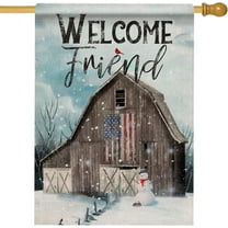 Welcome Friend Winter USA Country Barn Farm House Flag Double Sided, Snowman Cardinal Decorative Garden Yard Outdoor Large Patriotic Decor, Christmas Farmhouse Home Outside Decoration 28 x 40
