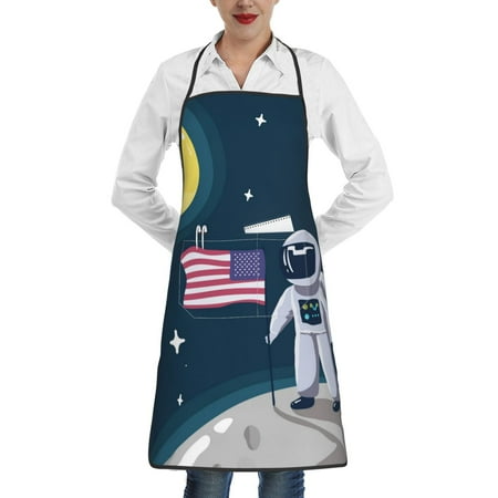 

Rocae Astronaut With USA Flag for Kitchen Aprons for Women Adjustable Cooking Kitchen Chef Apron for Men with Pockets