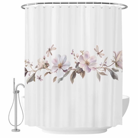 Flowers Dragonfly Fabric Shower Curtain Watercolor Style Washable Shower Curtains for Bathroom, Waterproof Bath Curtain with Hooks Home Decor 72x72in