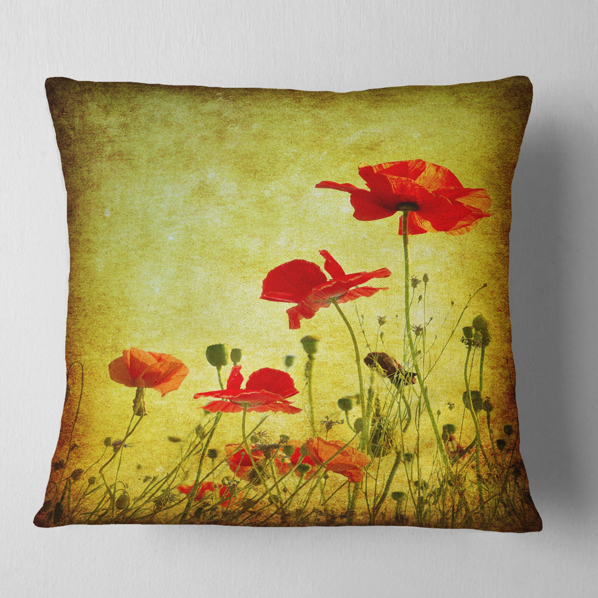 Designart Poppy Flowers on Grunge Background - Floral Throw Pillow - 18x18