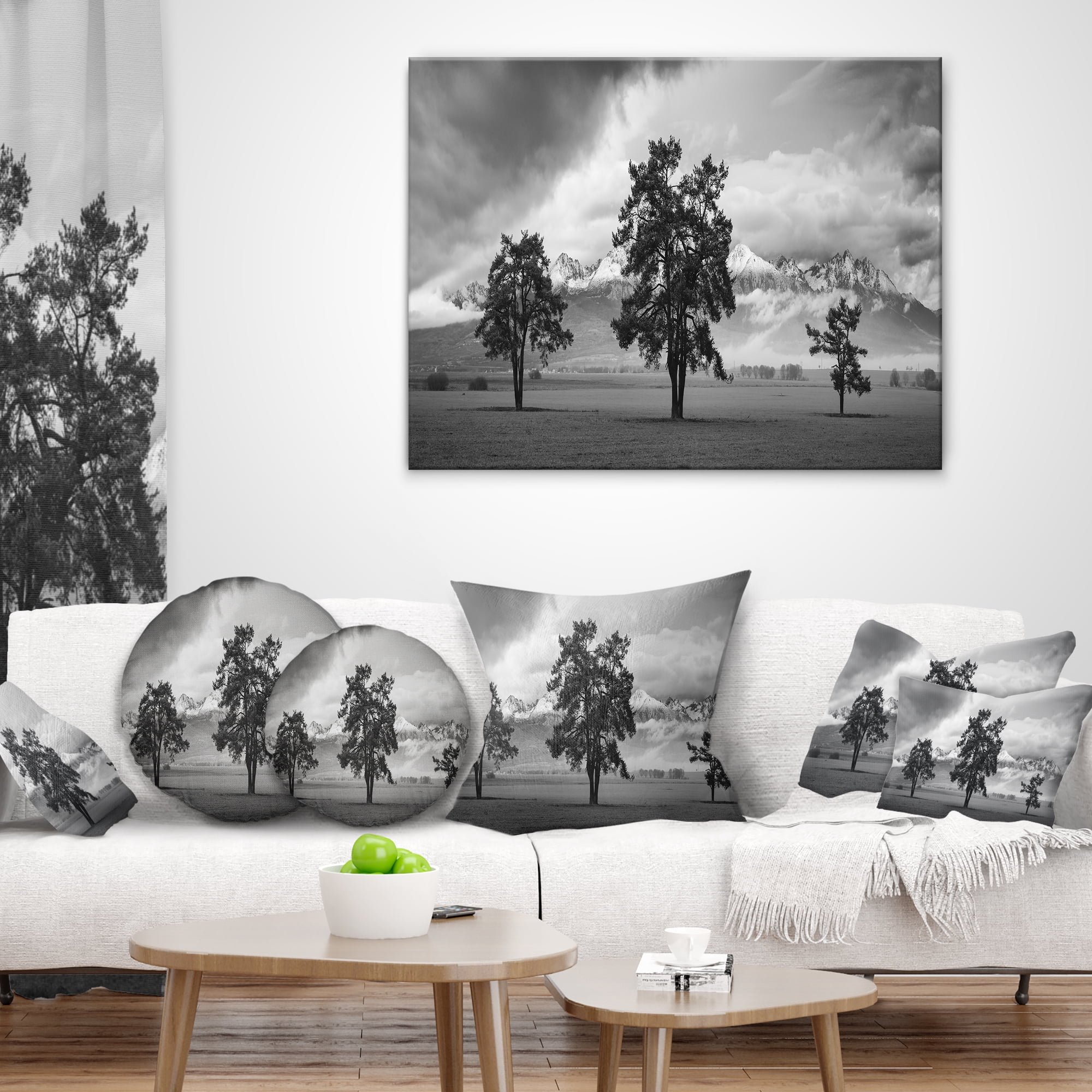 Designart Three Trees in Front of Mountains - Landscape Printed Throw Pillow - 16x16