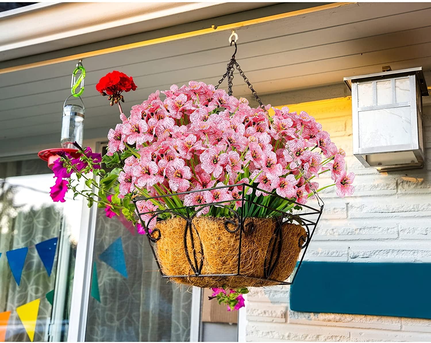 24 Bundles Artificial Flowers for Spring Decoration, Outdoor UV Resistant Fake Silk Flowers No Fade Faux Plastic Plants for Indoor Outside Window Box Porch Hanging Basket Decor (Pink-violet)