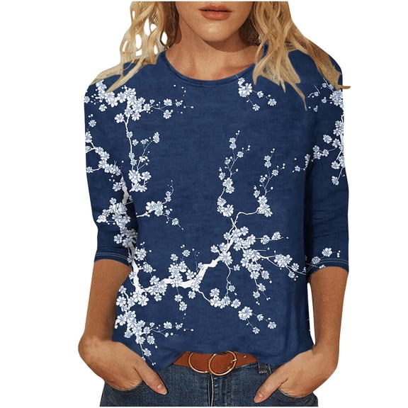 Kezqiaxn Womens Plus Size Tops Fashion 3/4 Sleeve Crew Neck Casual Shirts Dress Work Business Blouses Women Clothing