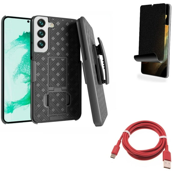 6ft USB-C Cable & Privacy Screen Protector & Case Belt Clip for Samsung Galaxy S22 Plus (S22 ) - Combo Red Charger Cord Power & TPU Film (Fingerprint Works) Anti-Peep & Holster Swivel Cover