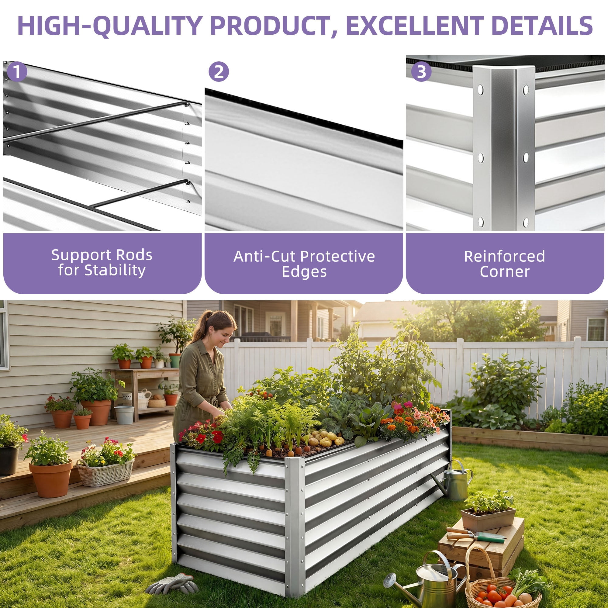 Uforic 8x4x3ft Large Galvanized Metal Raised Garden Bed Kit with Gloves, Support Rod & Safety Rubber, Outdoor Above Ground Planters for Plants Vegetables Flowers, Silver