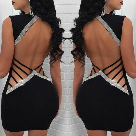 Women's Fashionable Sexy Backless Set Diamond Sleeveless Bandage One-piece Dress Dresses