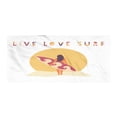 thumbnail image 1 of Graphic Beach Gym Towel, Live Love Surf Text and Girl with Surfboard, One-Sided Quick Dry Microfiber for Beach Fitness & Swimming, 60" x 30", Earth Yellow Beige, by Ambesonne, 1 of 2