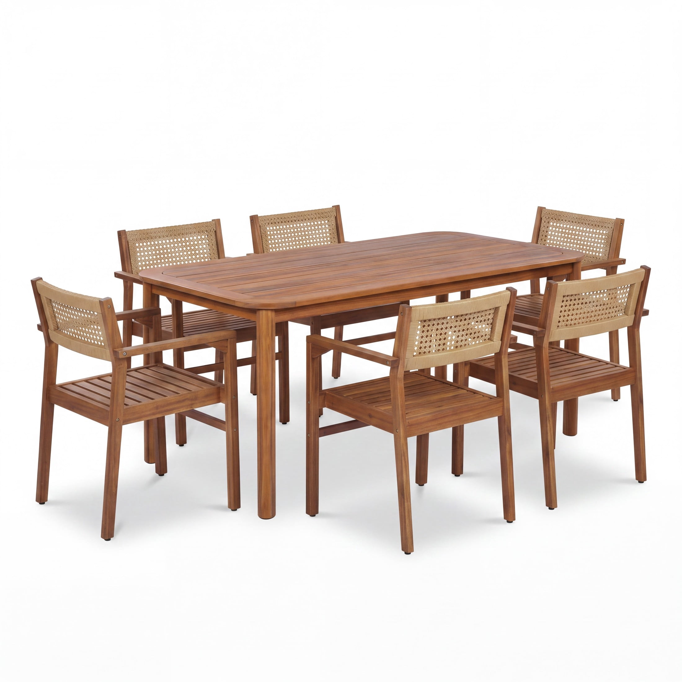 Christopher Knight Home 7-Piece Outdoor Dining Set, 66" Wood Table and Wicker Back Chairs, Natural Stained
