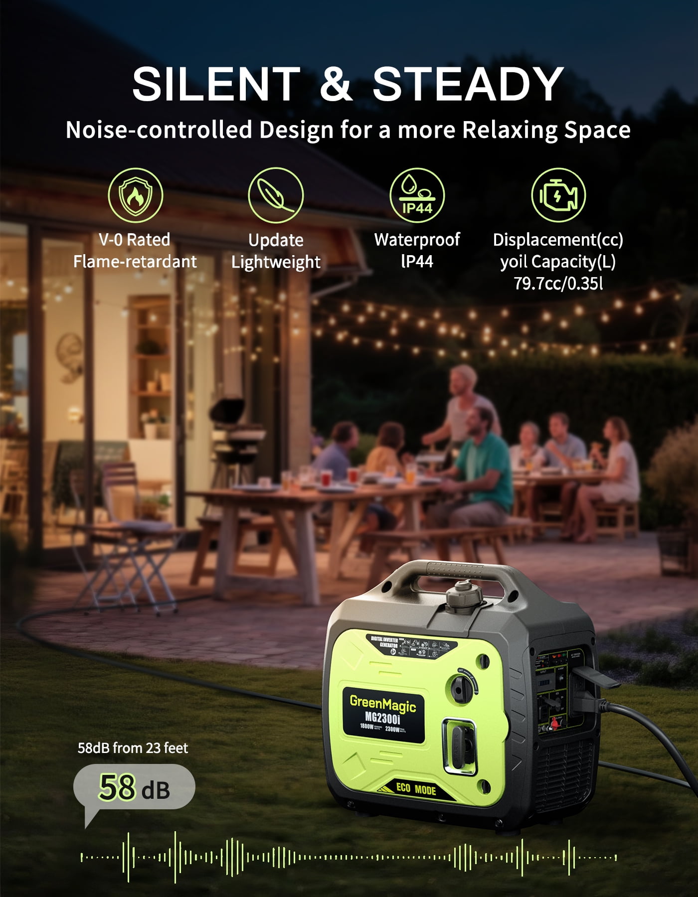 GreenMagic 2300W Portable Inverter Generator, Super Quiet Gasoline Quiet Generator for RV, Camping, Home Backup, Emergency Power
