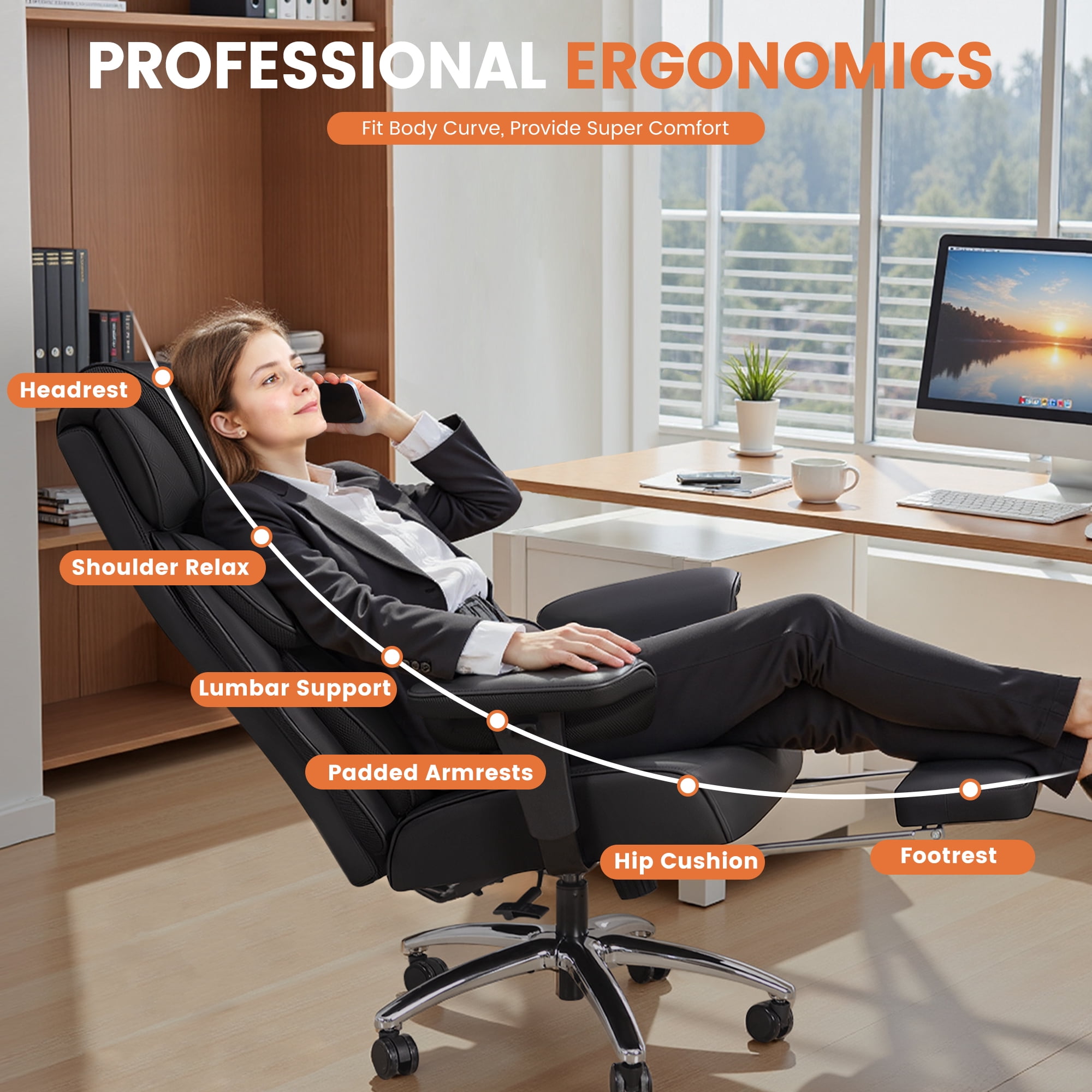 CoolHut Big and Tall Office Chair 400LBS, Adjustable Headrest Ergonomic Computer Desk Chair, Executive Leather Chair with Adjustable Armrest, High Back Office Chair Havy Duty Design, Black