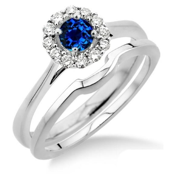 Solitaire 1.25 Carat Round Shape Blue Sapphire And Moissanite Diamond Engagement Ring Bridal Set Halo On 10k White Gold