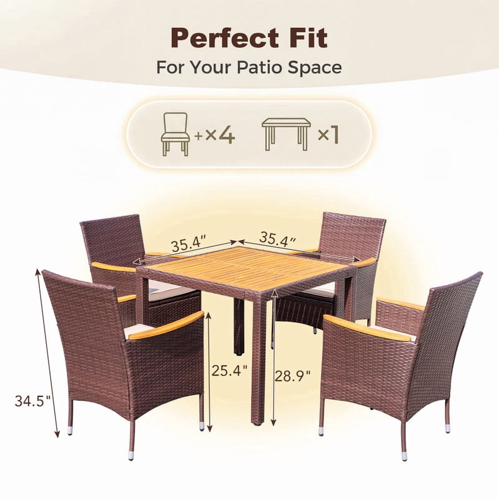 Vineego 5PCS Rattan Outdoor Furniture Set, Acacia Wood Curved Armrest Patio Dining Set with Cushions,Brown