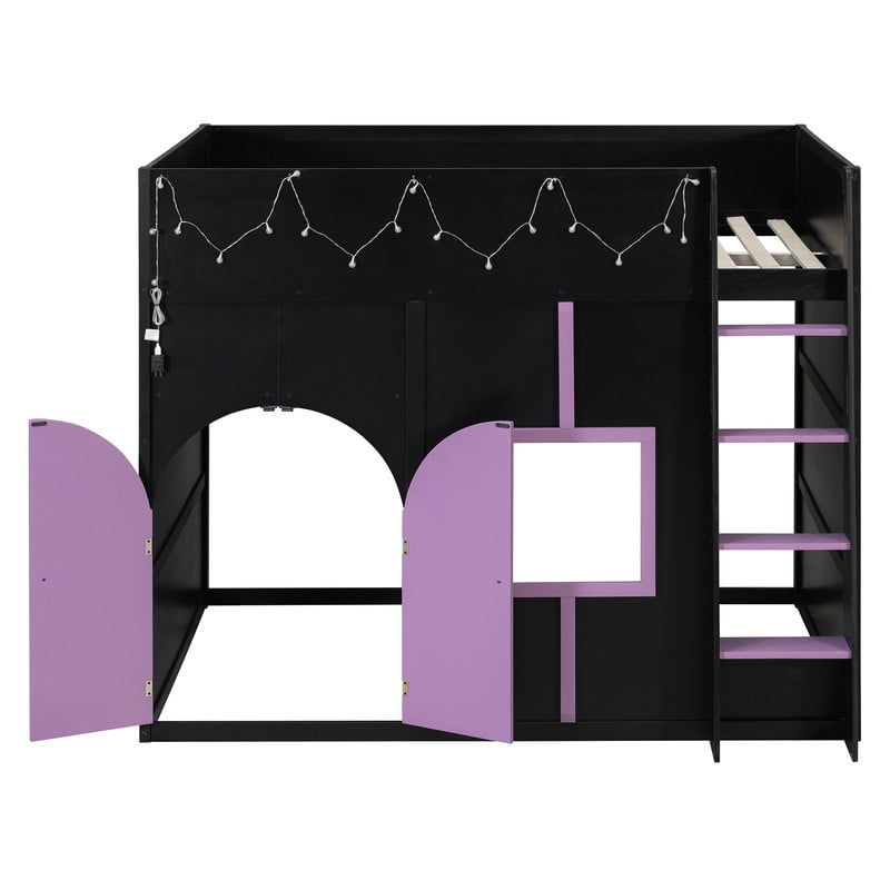 Full Size Playful Child Loft Bed with Doors & Window, Wood Kids House Bed Frame with Light Strip & Built-In Ladder