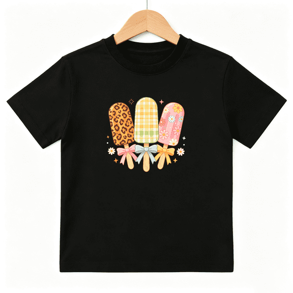 Sweet Popsicles Leopard Girls Graphic Tee, Cute Summer Ice Pops 100% Cotton Kids Short Sleeve T-Shirt