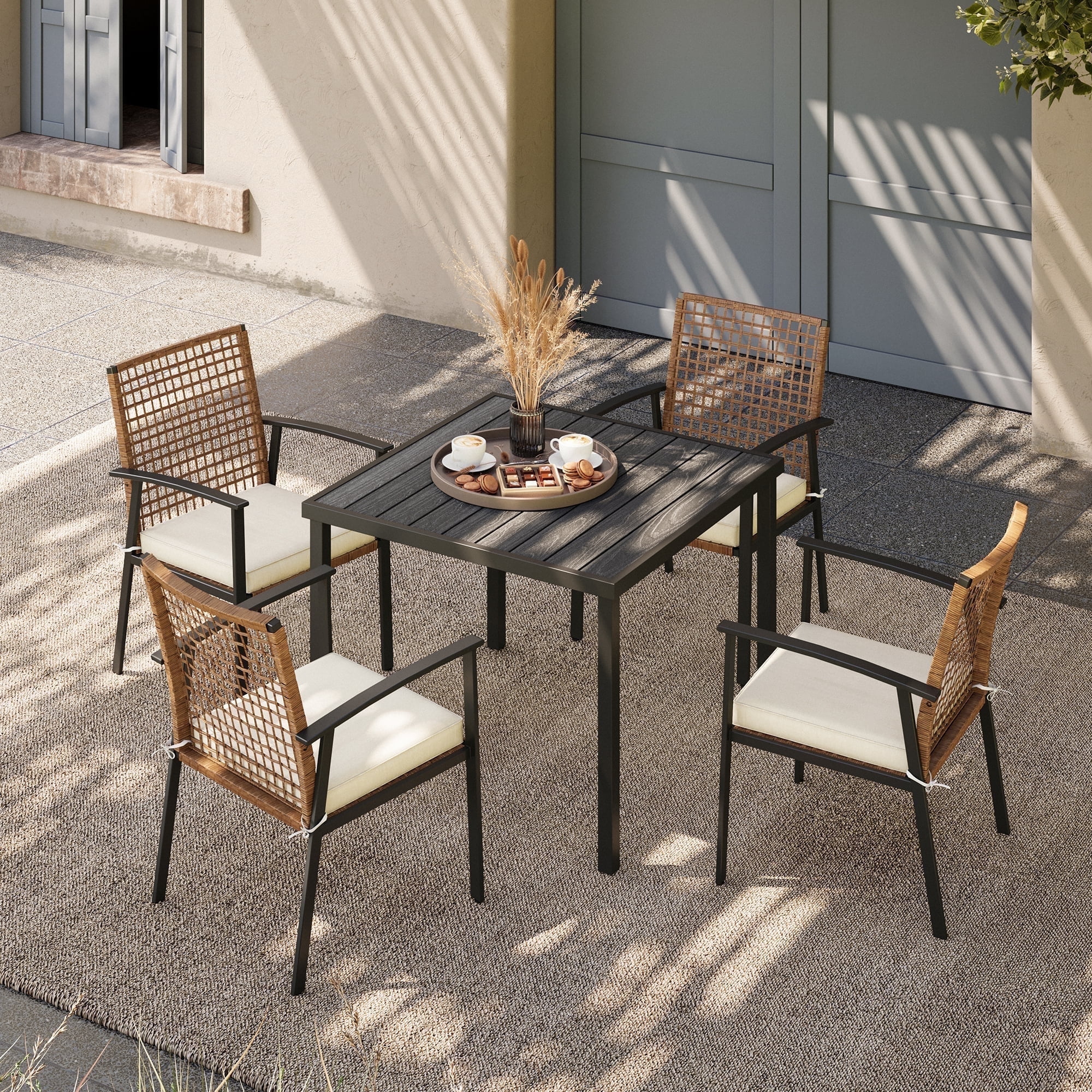 LAUSAINT HOME Patio Dining Set, 5-Piece Outdoor Wicker Furniture with Black Square Table and 4 Brown Wicker Chairs