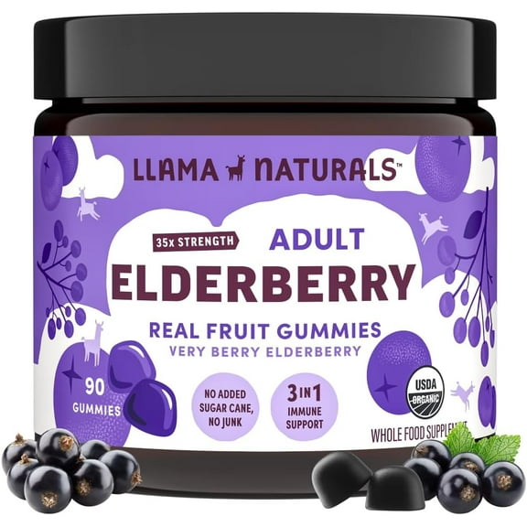 Llama Naturals Elderberry Gummies for Adults, Vegan, Organic Immune Support Supplement with Vitamin C and Zinc, Real Fruit Gummy Vitamins for Immunity, Chewable, No Added Sugar Cane, 90 Ct