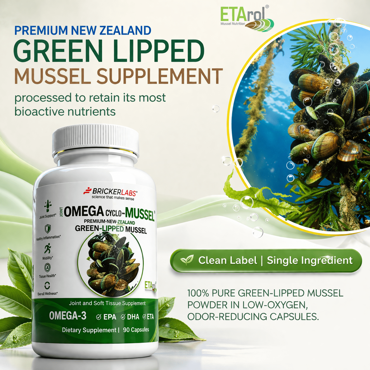Bricker Labs Omega Cyclo - Mussel Joint Health Supplement, Premium New Zealand Green Lipped Mussel, Full Spectrum Omega Joint Supplements for Joint Health and Comfort, 90 Capsules