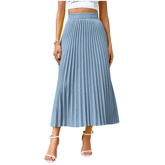 MELDVDIB Womens High Waist Pleated Skirt Elastic Waisted Summer Elegant Long Skirt Fashion Casual Solid Color Light Weight Skirts
