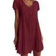 thumbnail image 1 of JUNWELL Women Short Sleeve Sexy V-Neck Swing Tunic Mini Dress Solid Color Pleated Ruffle Flowy Hem A-Line Casual Loose  Dropship, 1 of 7
