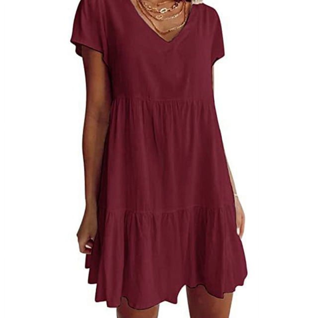 JUNWELL Women Short Sleeve Sexy V-Neck Swing Tunic Mini Dress Solid Color Pleated Ruffle Flowy Hem A-Line Casual Loose Dropship