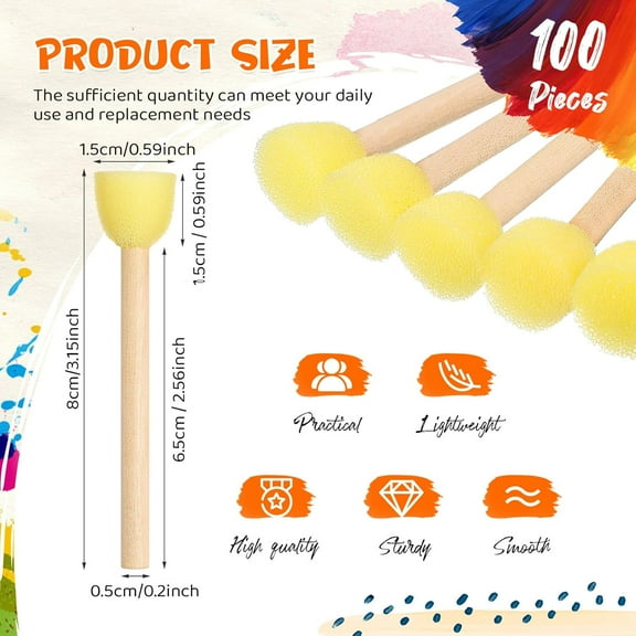 100-Piece Yellow Sponge Brushes Set,Round Foam Paint Sponges for Watercolor,Crafts,and Face Painting with Wooden Handles,DIY Hand Tools Kits