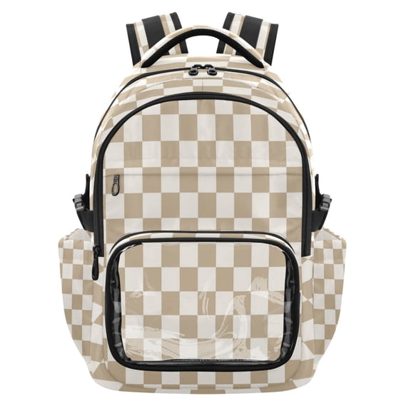 Qxltty Beige Checkered Backpack School Bookbag with Clear PVC Front Pocket, Laptop Compartment, Water Resistant Travel Daypack for Students