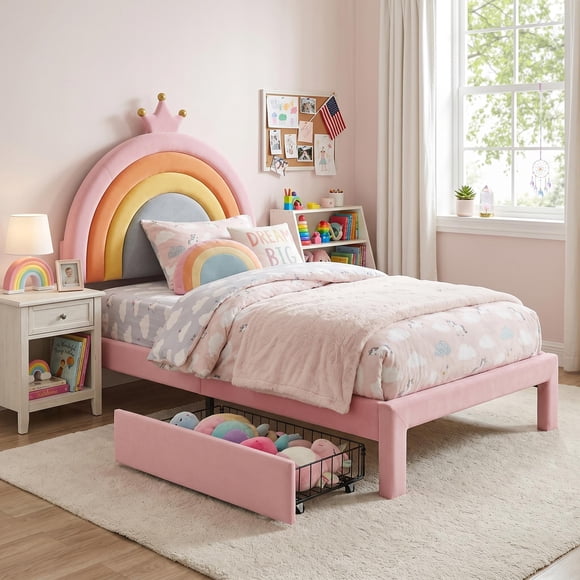 Homy Casa Twin Size Velvet Upholstered Platform Bed with Storage Drawers, Pink, Kids Bedroom Furniture, Easy Assembly