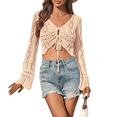 thumbnail image 1 of Suéter de Punto Estilo Bohemio con Hombros Descubiertos y Mangas Acampanadas para Mujer, Color Albaricoque, Talla S, 1 of 8